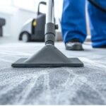 Professional carpet cleaning Dubai Marina – A cleaner using advanced equipment on a luxurious carpet with a bright, fresh indoor setting and a cityscape view